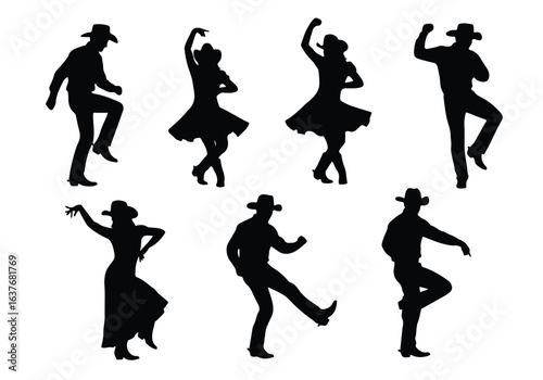 Cowboy and cowgirl silhouettes collection of cowboy and dancer silhouettes in various western dance poses, isolated on white background