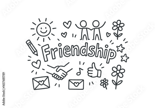 Cute doodle style illustration with large central word Friendship