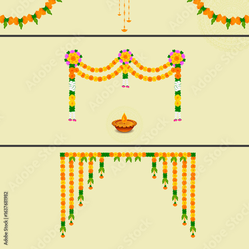 Indian Marigold Flower Garland Decoration with Diya for Festival Celebration