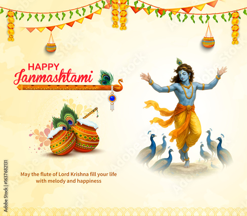 Lord Krishna Janmashtami Celebration with Peacock, Flute, Matki and Colorful Festival Decorations