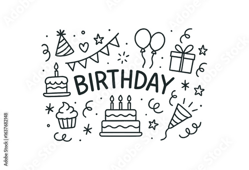 Cute doodle style illustration with large central word BIRTHDAY