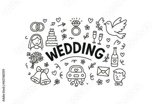 Cute doodle style illustration with large central word WEDDING