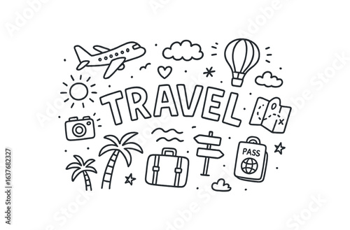 Cute doodle style illustration with large central word TRAVEL