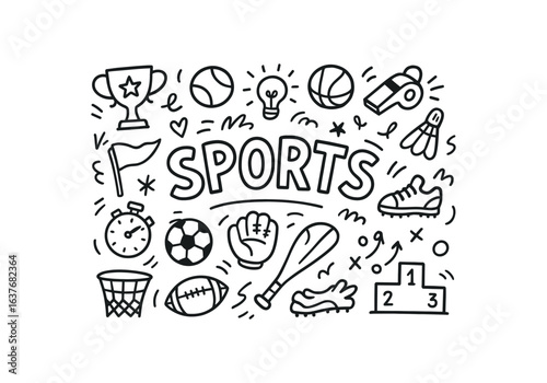 Cute doodle style illustration with large central word SPORTS