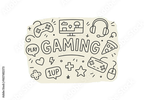 Cute doodle style illustration with large central word GAMING