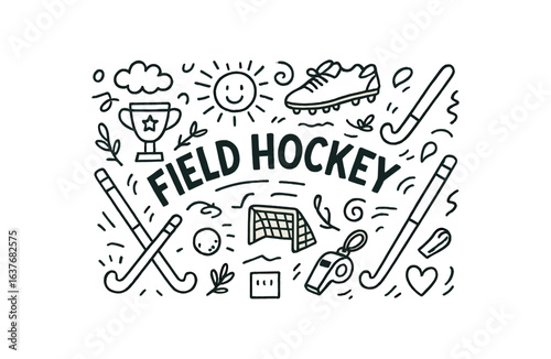 Cute doodle style illustration with large central word FIELD HOCKEY