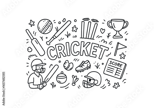 Cute doodle style illustration with large central word CRICKET