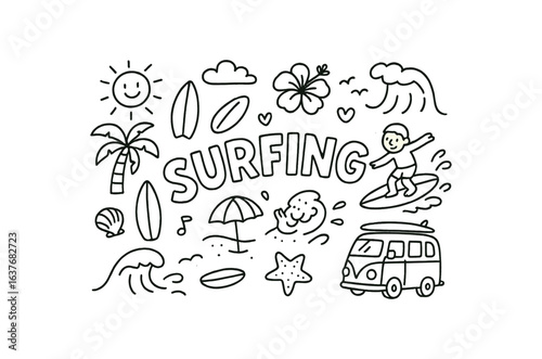 Cute doodle style illustration with large central word SURFING