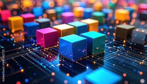 Connected digital cubes, intricate network, futuristic technology concept, Generated with AI.