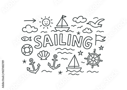 Cute doodle style illustration with large central word SAILING