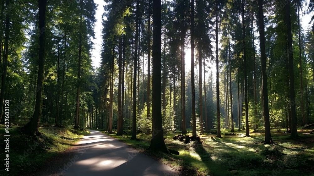 Obraz premium Sunlit path through a dense forest.
