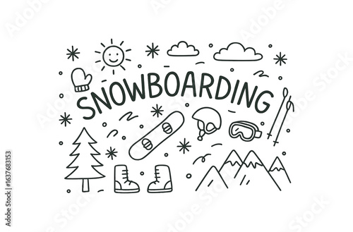 Cute doodle style illustration with large central word SNOWBOARDING