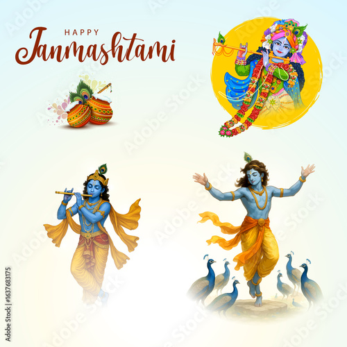 Lord Krishna Janmashtami Celebration with Flute, Dance, Peacocks and Festive Matki Decoration