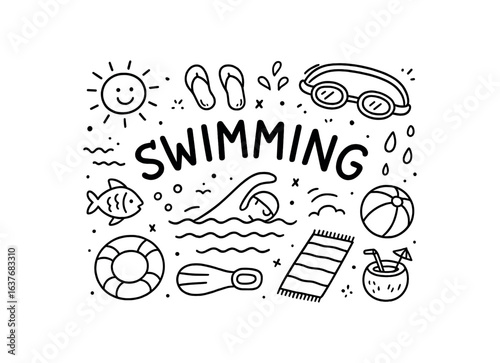 Cute doodle style illustration with large central word SWIMMING