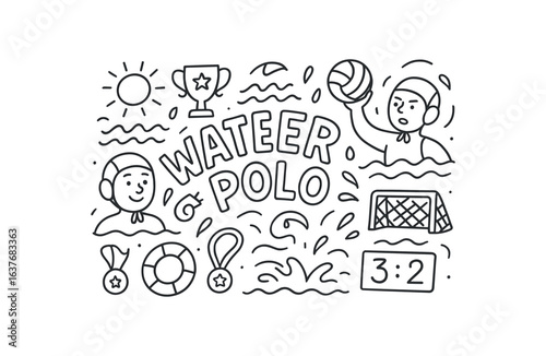 Cute doodle style illustration with large central word WATER POLO
