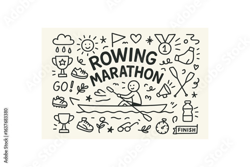 Cute doodle style illustration with large central word ROWING MARATHON