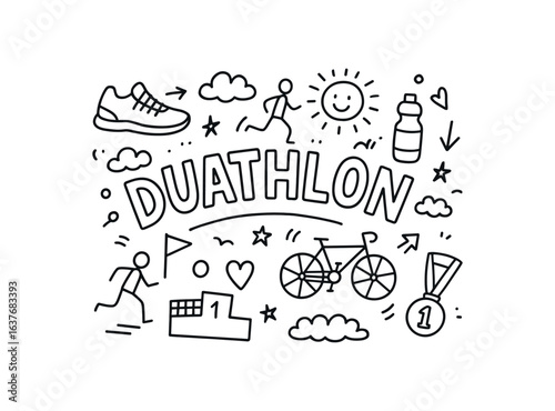 Cute doodle style illustration with large central word DUATHLON