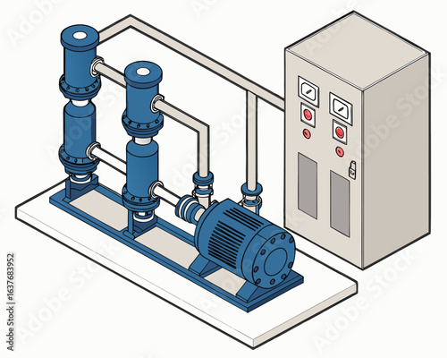Industrial water pump system room in isometric cartoon view with electric blue high-pressure pumps and maintenance worker performing service checks.