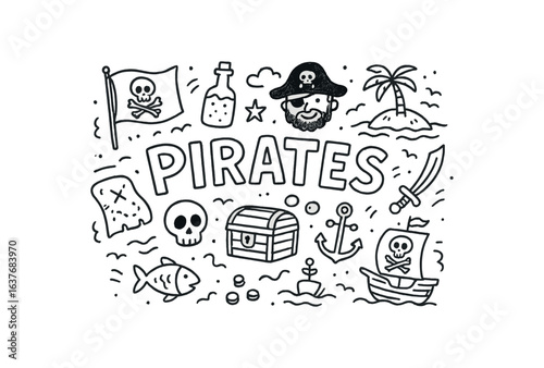 Cute doodle style illustration with large central word PIRATES