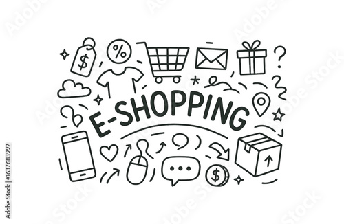 Cute doodle style illustration with large central word SHOPPING