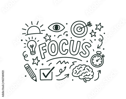 Cute doodle style illustration with large central word FOCUS