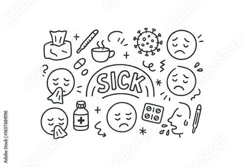 Cute doodle style illustration with large central word SICK