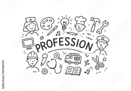 Cute doodle style illustration with large central word PROFESSION