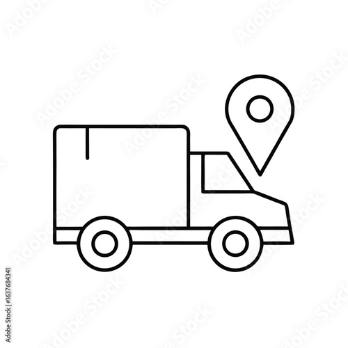 location delivery truck icon, outline vector of logistics vehicle with map pin symbol for GPS tracking, route planning, and courier apps