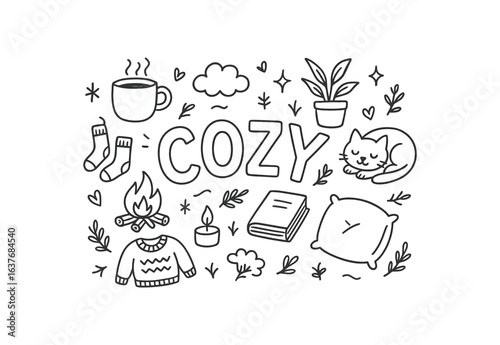 Cute doodle style illustration with large central word COZY