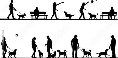 silhouettes of people and dogs, walking, sitting, playing, interacting, black and white,