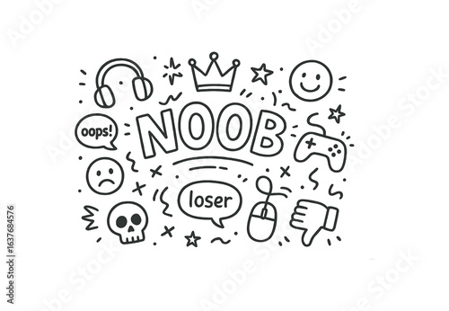 Cute doodle style illustration with large central word NOOB