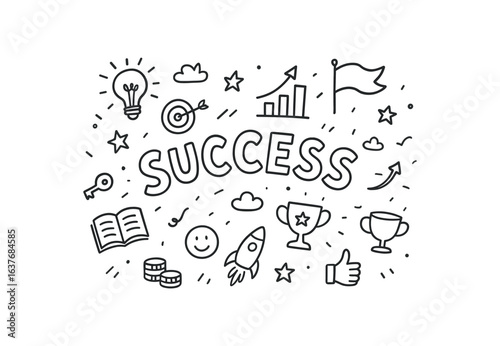 Cute doodle style illustration with large central word SUCCESS