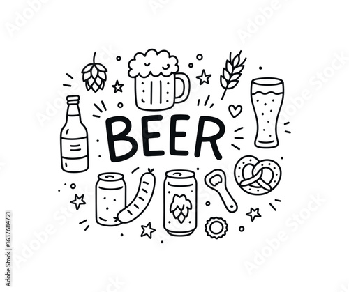 Cute doodle style illustration with large central word BEER