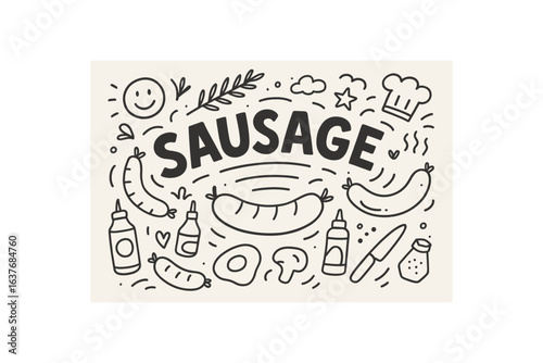 Cute doodle style illustration with large central word SAUSAGE
