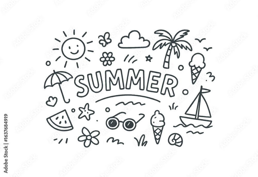 Naklejka premium Cute doodle style illustration with large central word Summer
