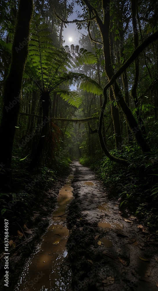 Obraz premium Muddy Path Through a Lush Rainforest with Ferns and Sunlight