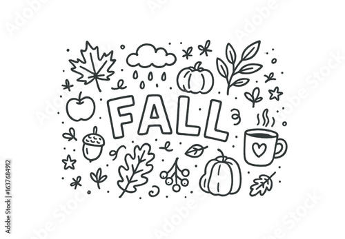 Cute doodle style illustration with large central word FALL