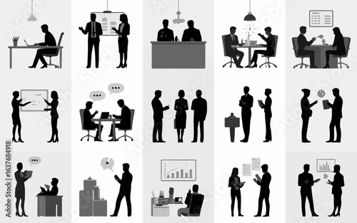 Diverse business professionals engage in various office activities including presentations meetings and individual work presented in a clean modern silhouette style