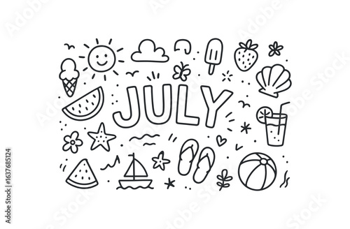 Cute doodle style illustration with large central word JULY
