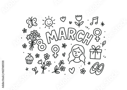 Cute doodle style illustration with large central word 8 march