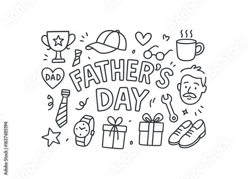 Cute doodle style illustration with large central word fathers day