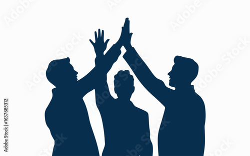Three diverse men in dark blue silhouette form a high five gesture symbolizing teamwork success and celebration against a clean white background