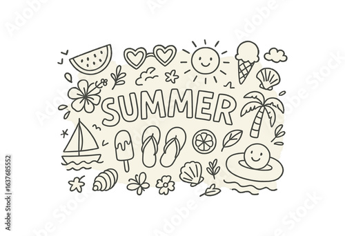 Cute doodle style illustration with large central word Summer