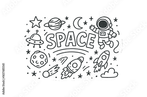 Cute doodle style illustration with large central word Space