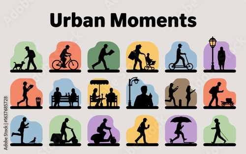 Diverse urban dwellers engage in everyday activities like walking dogs cycling riding scooters and enjoying leisure time in this vibrant silhouette collection