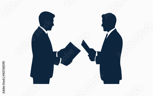 Two businessmen in silhouette style exchanging documents and papers during a professional meeting or business discussion conveying collaboration and information sharing silhouette