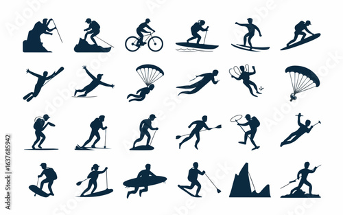 Collection of diverse extreme sports and outdoor adventure activities depicted as clean modern dark blue silhouettes on a white background silhouette