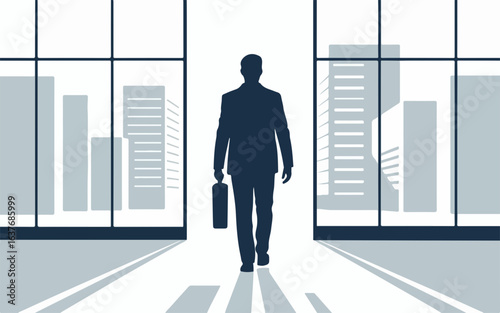 Lone businessman in a sharp suit walks purposefully forward carrying a briefcase through a modern office building with large windows overlooking a cityscape silhouette