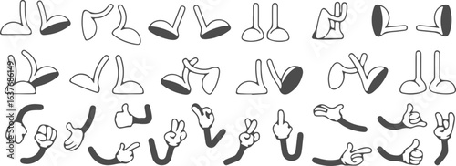Retro cartoon legs and hands. Vintage hand, foot and f. Hands with gloves and feet with boots, various poses for characters, a set of poses, gestures, placement of hands and feet. Body parts mascot