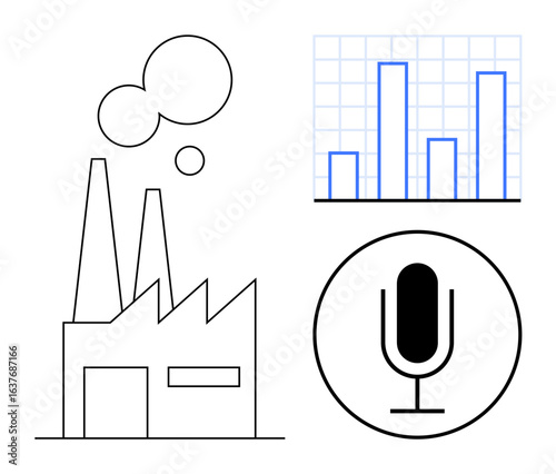 Factory outline with chimneys, bar graph on a grid, microphone symbol below. Ideal for industry, data analysis, communication, business strategy, market research, podcasting simple landing page